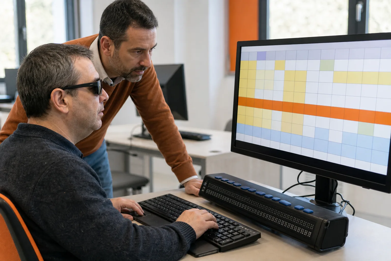 Alumno con discapacidad visual aprende una hoja de cálculo con apoyo de un formador y una línea braille.