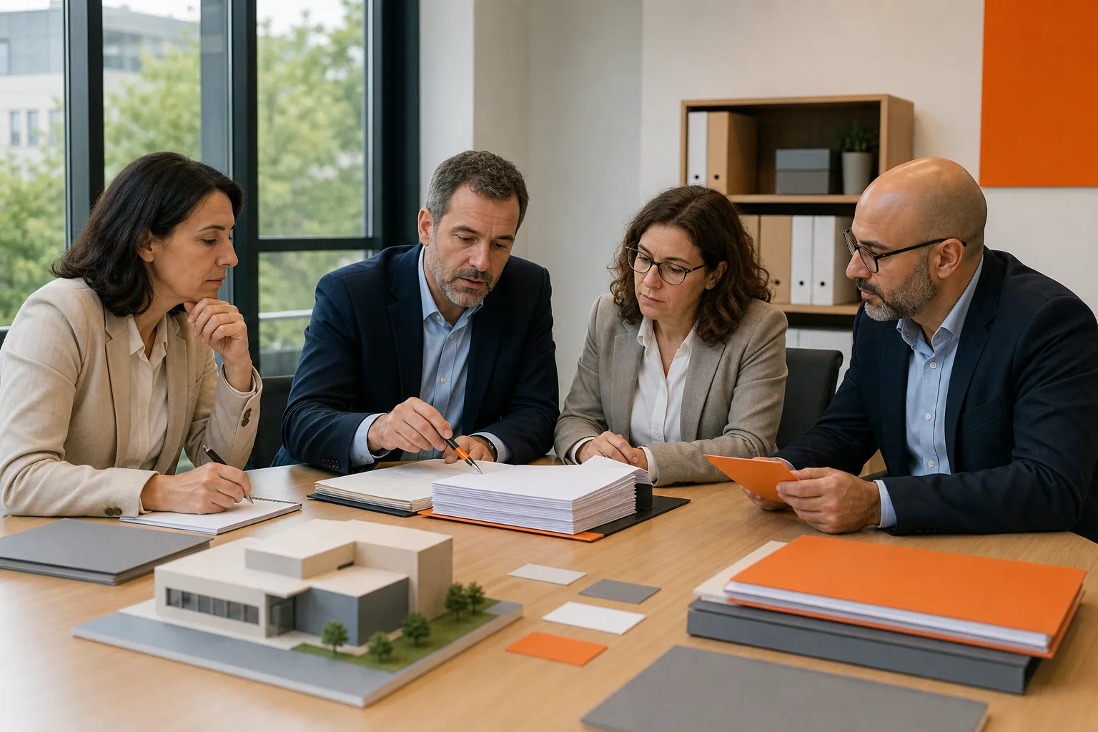 Comité de contratación pública revisa un expediente y una maqueta de edificio comunitario.