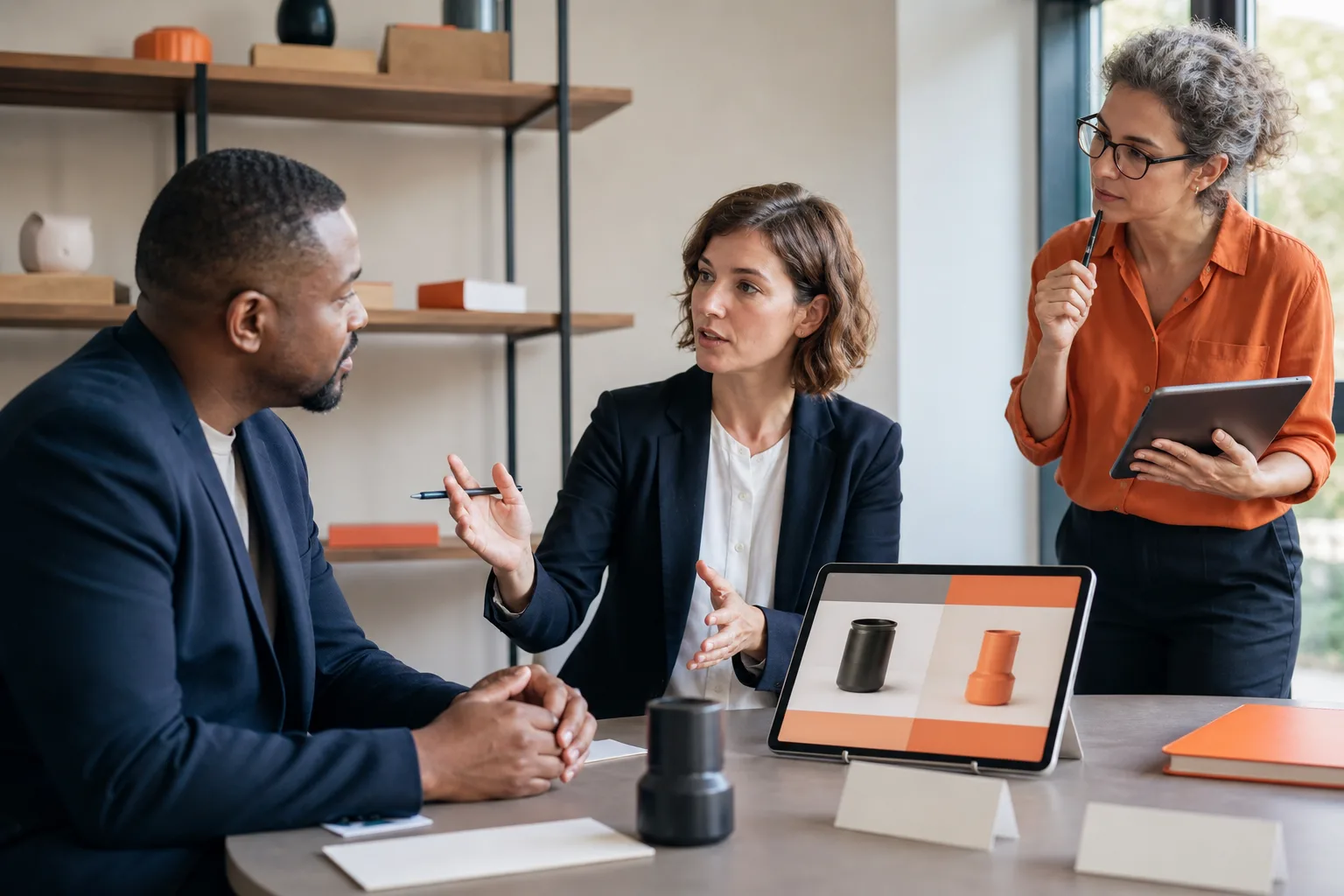 Profesional practica una presentación comercial en inglés con un cliente y una formadora.