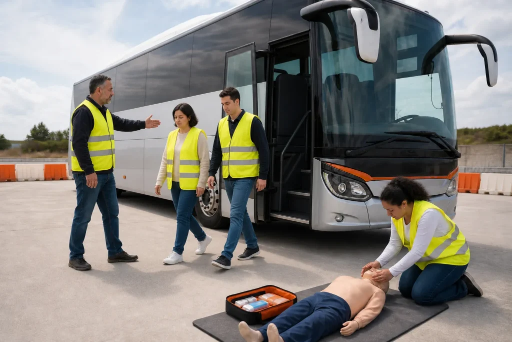 Equipo practica una evacuación de autobús y primeros auxilios con un maniquí de formación.
