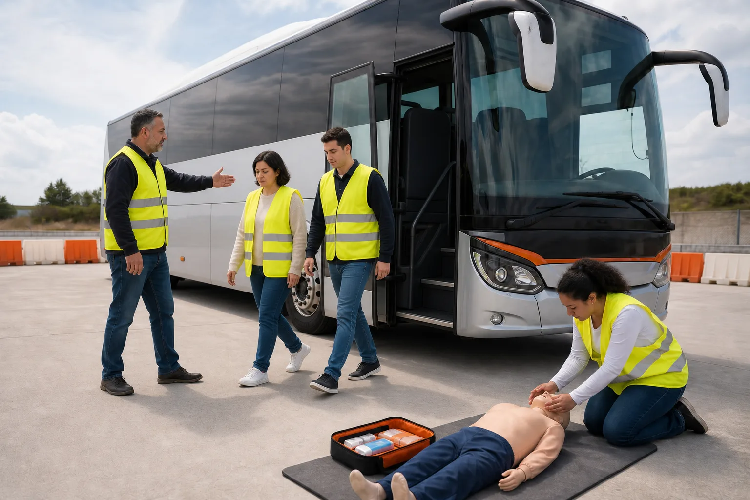 Equipo practica una evacuación de autobús y primeros auxilios con un maniquí de formación.