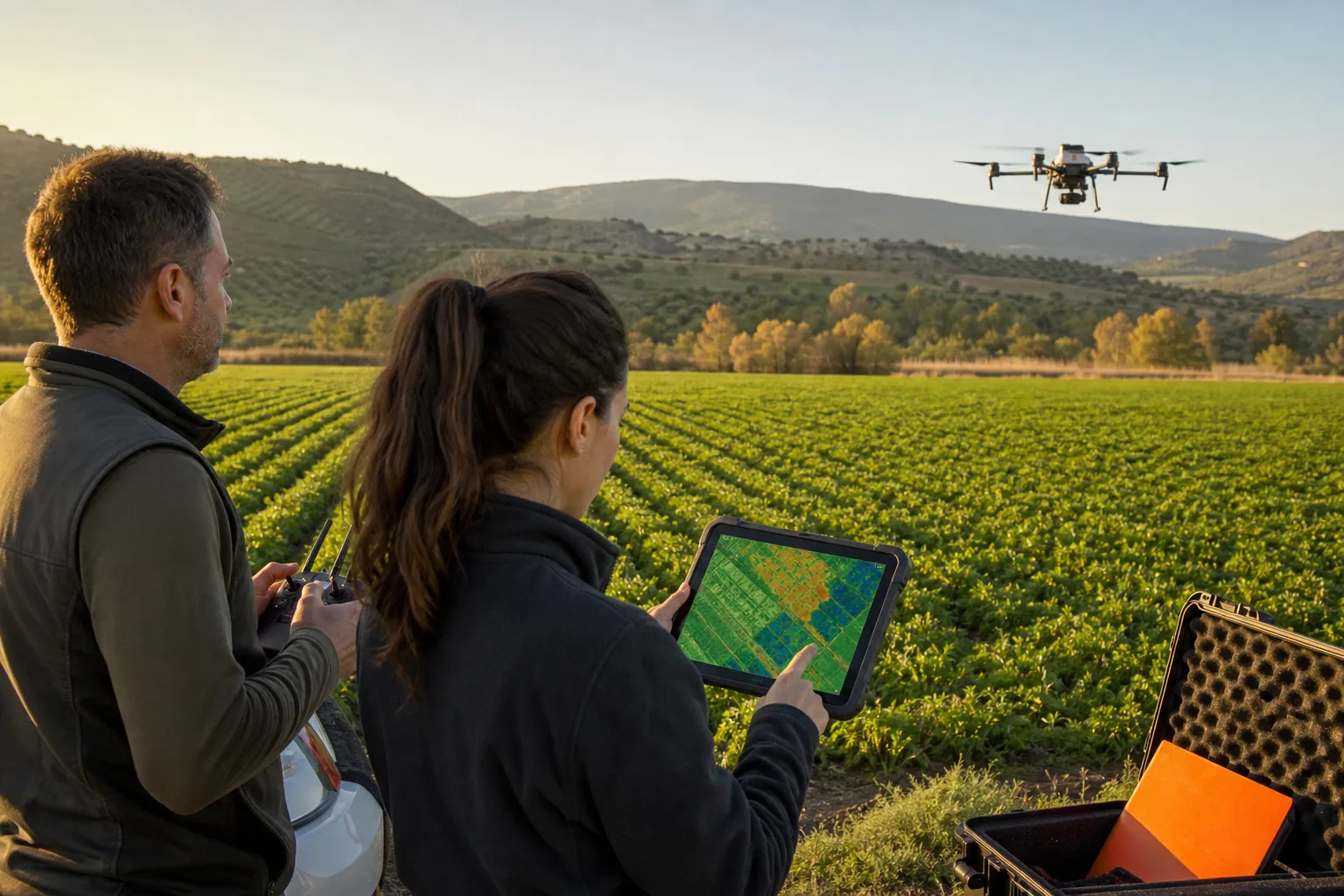 Dos especialistas supervisan un cultivo con un dron y mapas de imágenes aéreas.