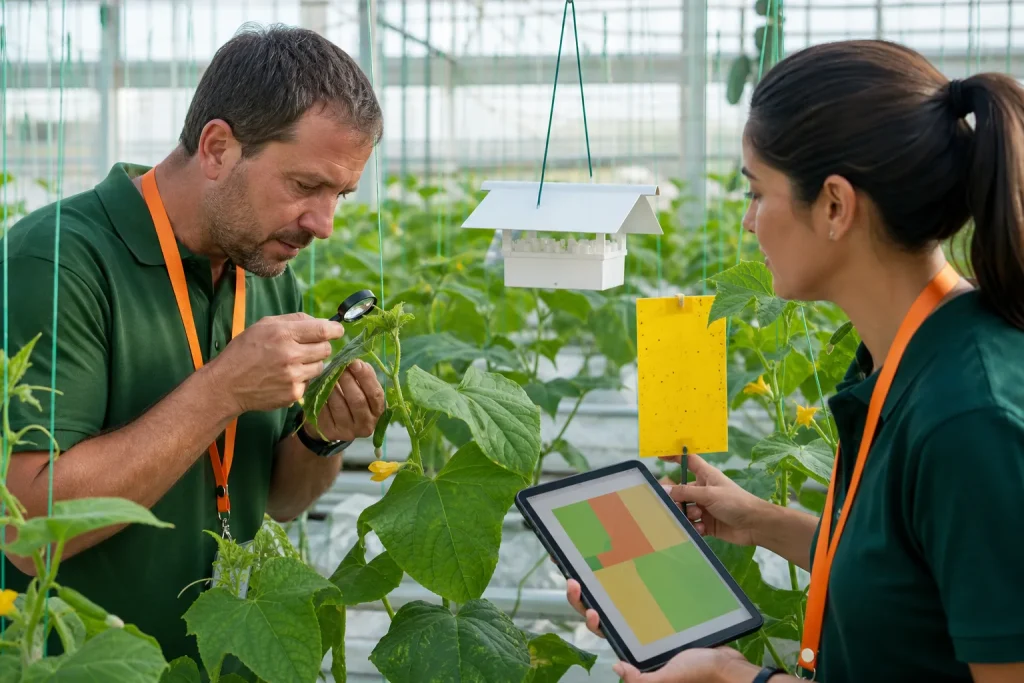 Especialistas inspeccionan plantas y trampas de monitoreo para gestionar plagas.