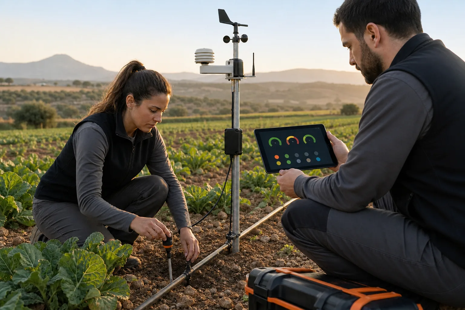 Dos técnicos instalan sensores y revisan datos de monitorización en un cultivo.