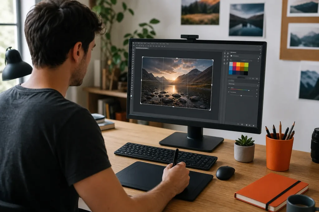 Diseñador editando una fotografía digital con tableta gráfica