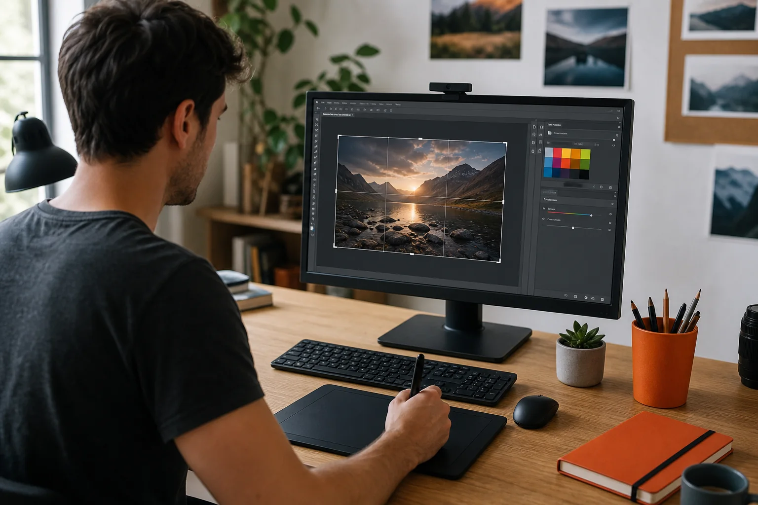 Diseñador editando una fotografía digital con tableta gráfica