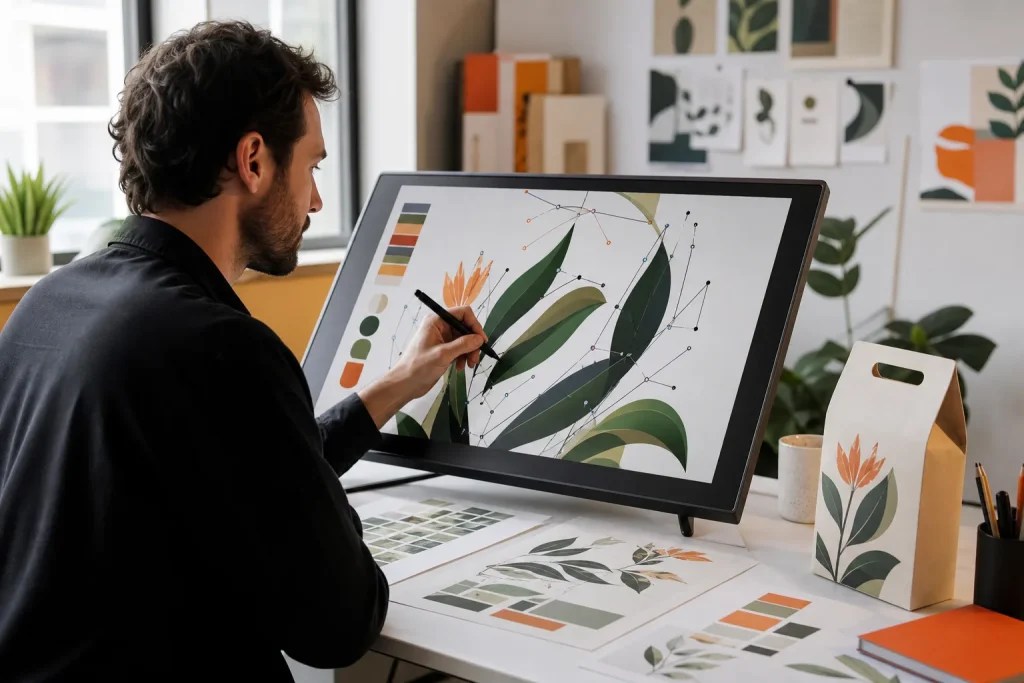Diseñador gráfico perfecciona una ilustración vectorial botánica con una tableta profesional.