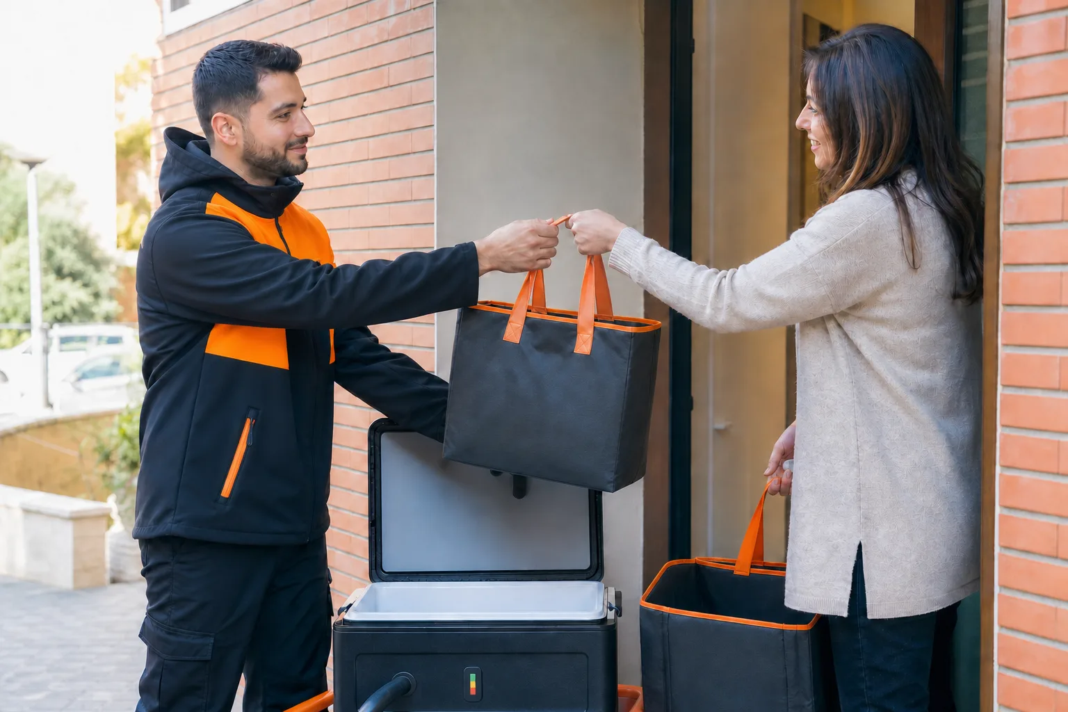 Repartidor entrega una bolsa alimentaria refrigerada y recoge un envase reutilizable.