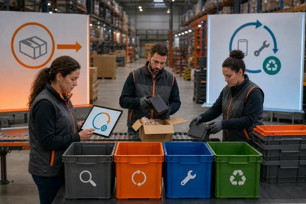 Equipo de almacén clasifica devoluciones para inspección, reparación, reutilización y reciclaje.