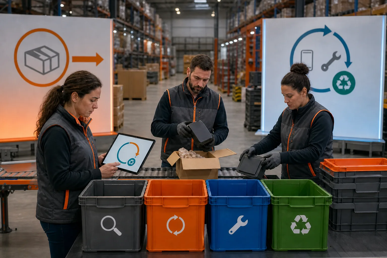 Equipo de almacén clasifica devoluciones para inspección, reparación, reutilización y reciclaje.