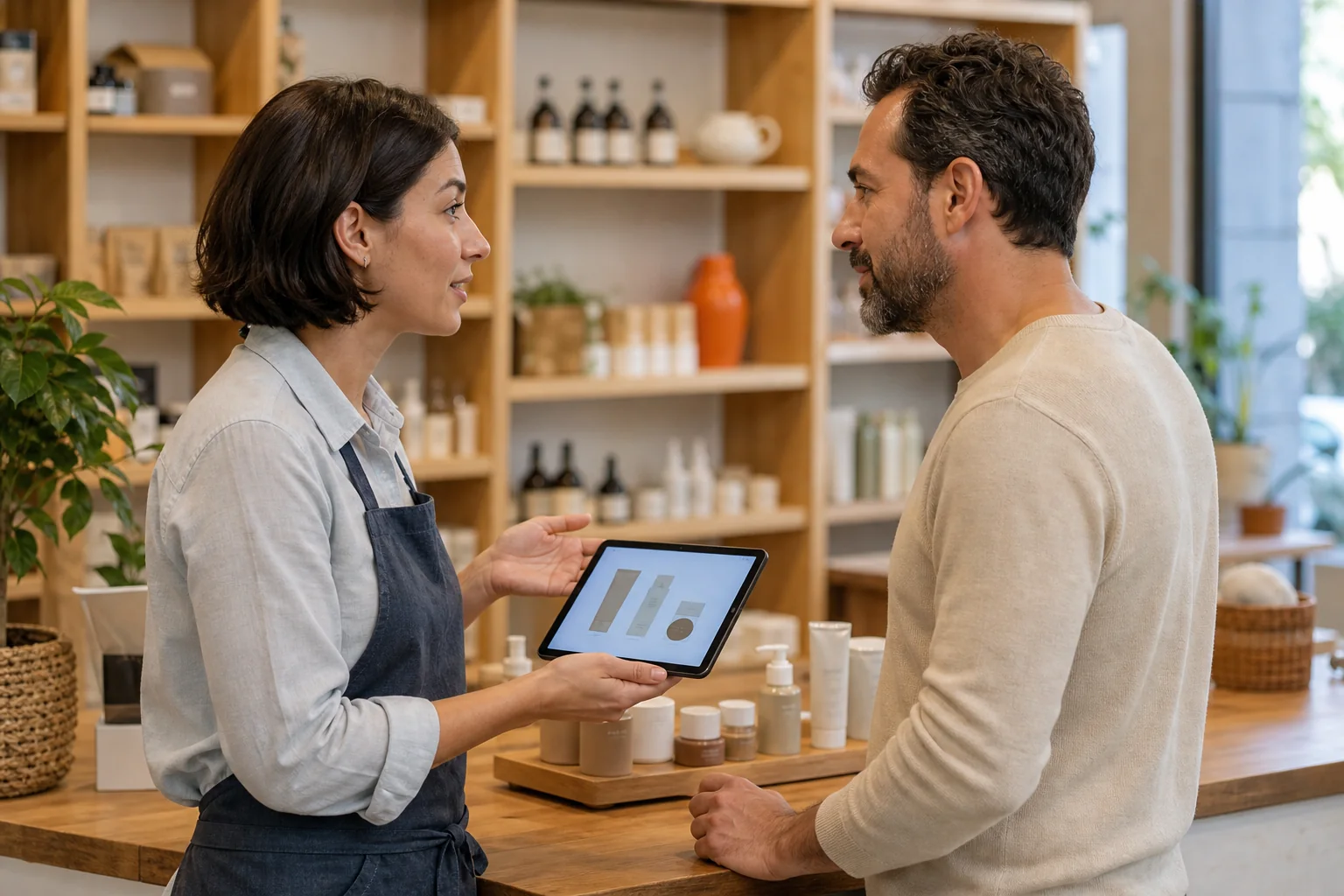 Profesional atendiendo a un cliente en un comercio