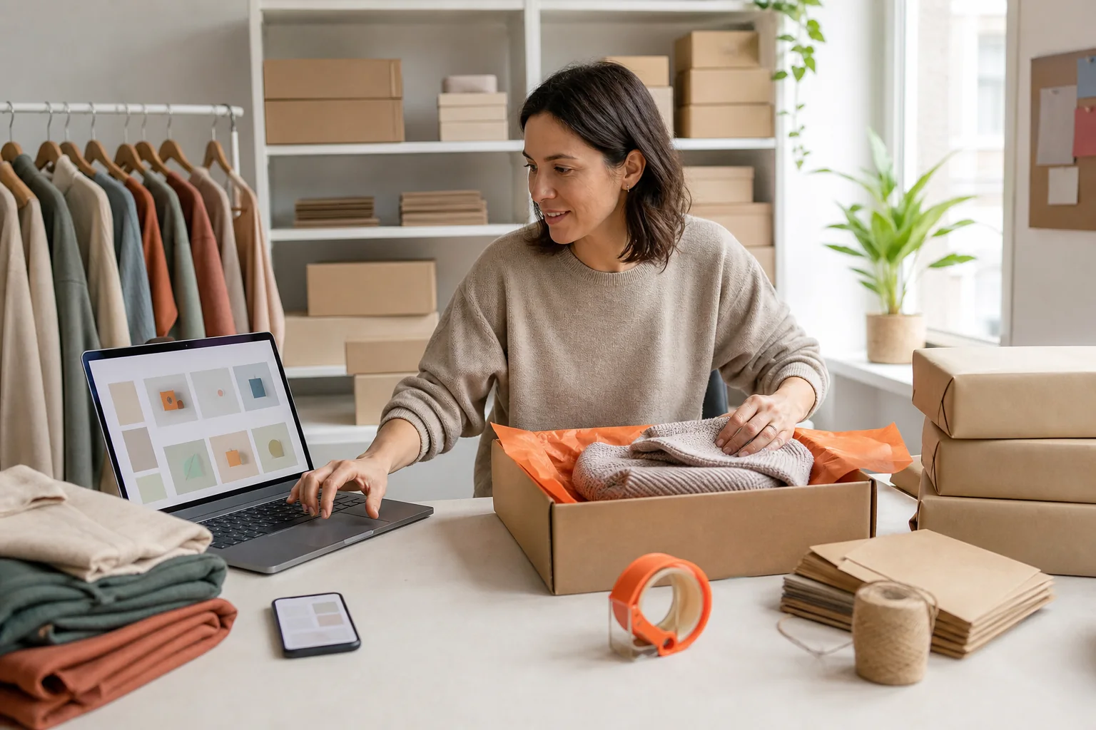 Emprendedora gestionando una tienda virtual y preparando un pedido