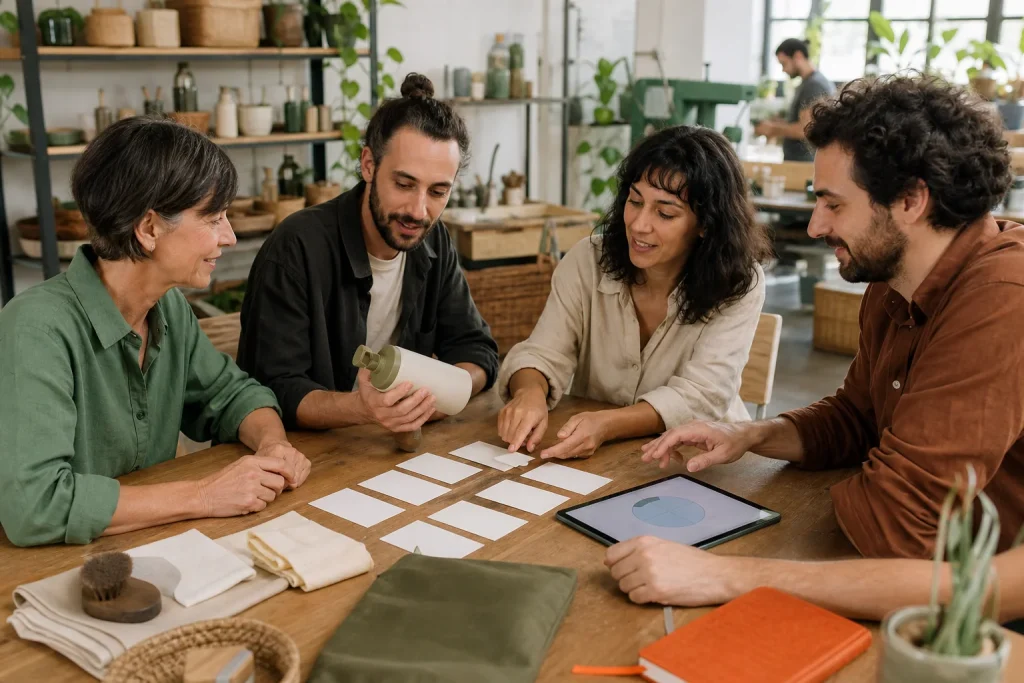 Equipo de una empresa social planificando su comunicación de marketing