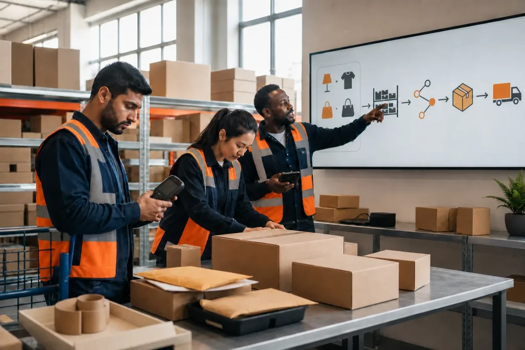 Equipo de logística coordina pedidos, almacén y entregas para un marketplace.
