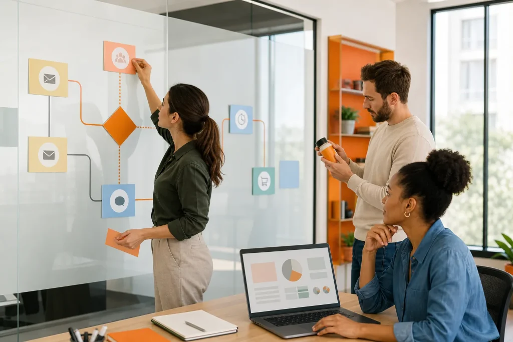 Equipo de marketing diseña un flujo automatizado de comunicación con clientes.