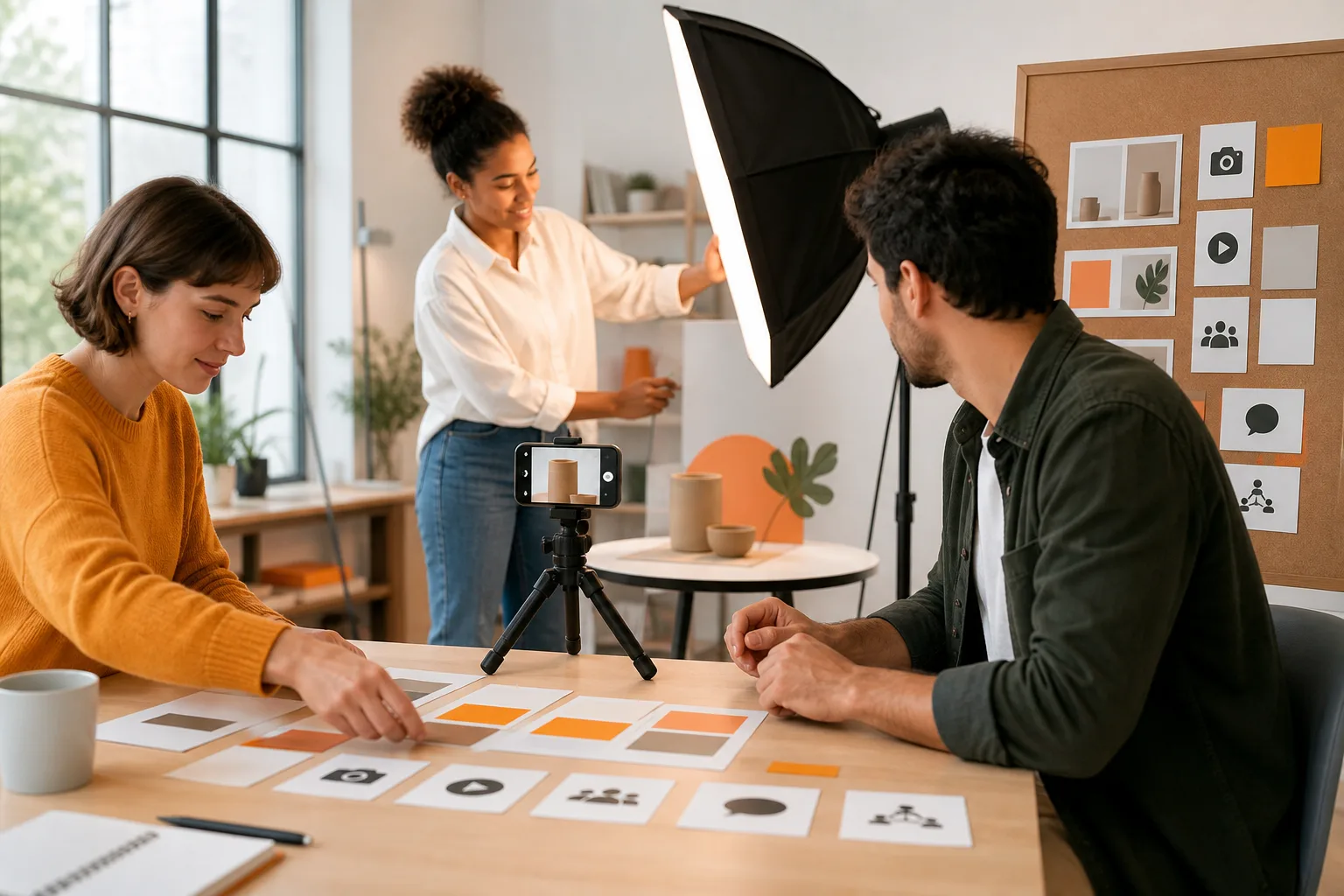 Equipo de comunicación prepara contenido visual para una campaña en redes sociales.