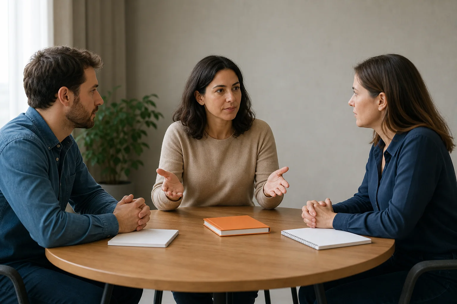 Mediadora guiando una conversación para resolver un conflicto laboral