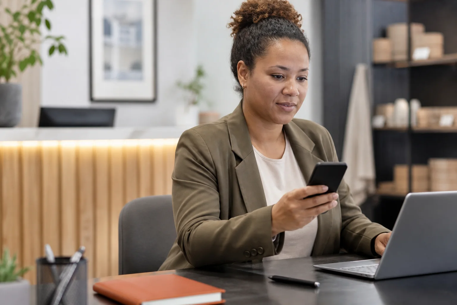 Profesional atendiendo consultas de clientes desde un teléfono móvil