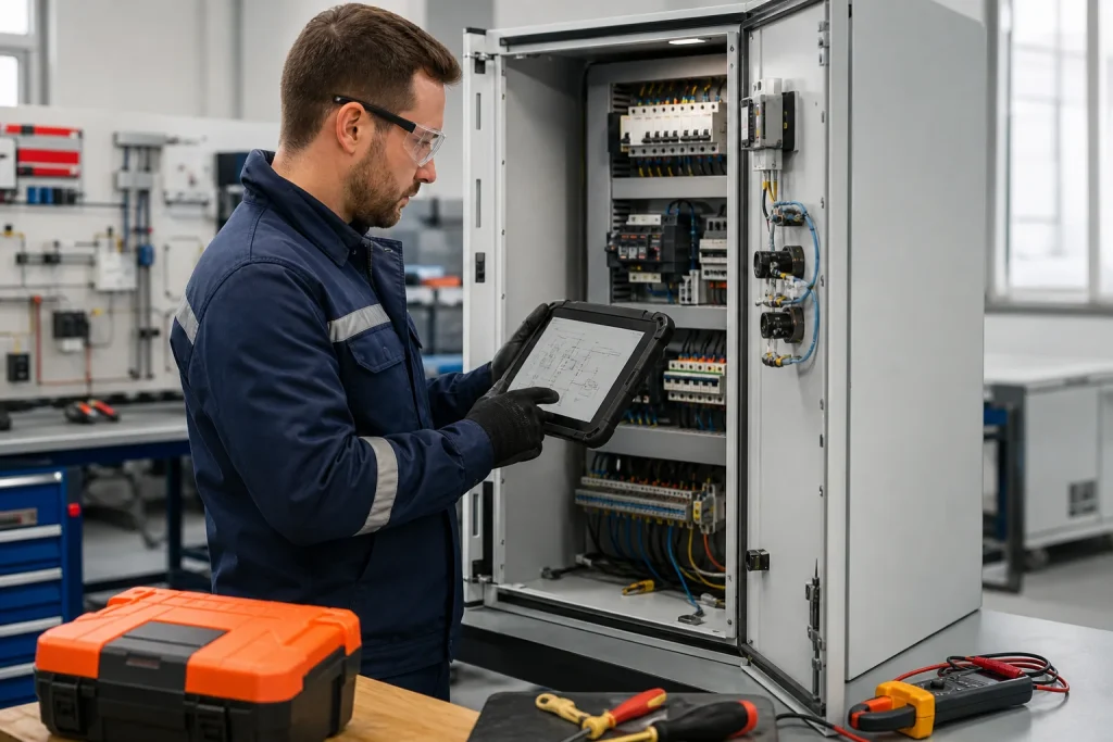 Técnico electricista consultando un esquema digital frente a un cuadro eléctrico