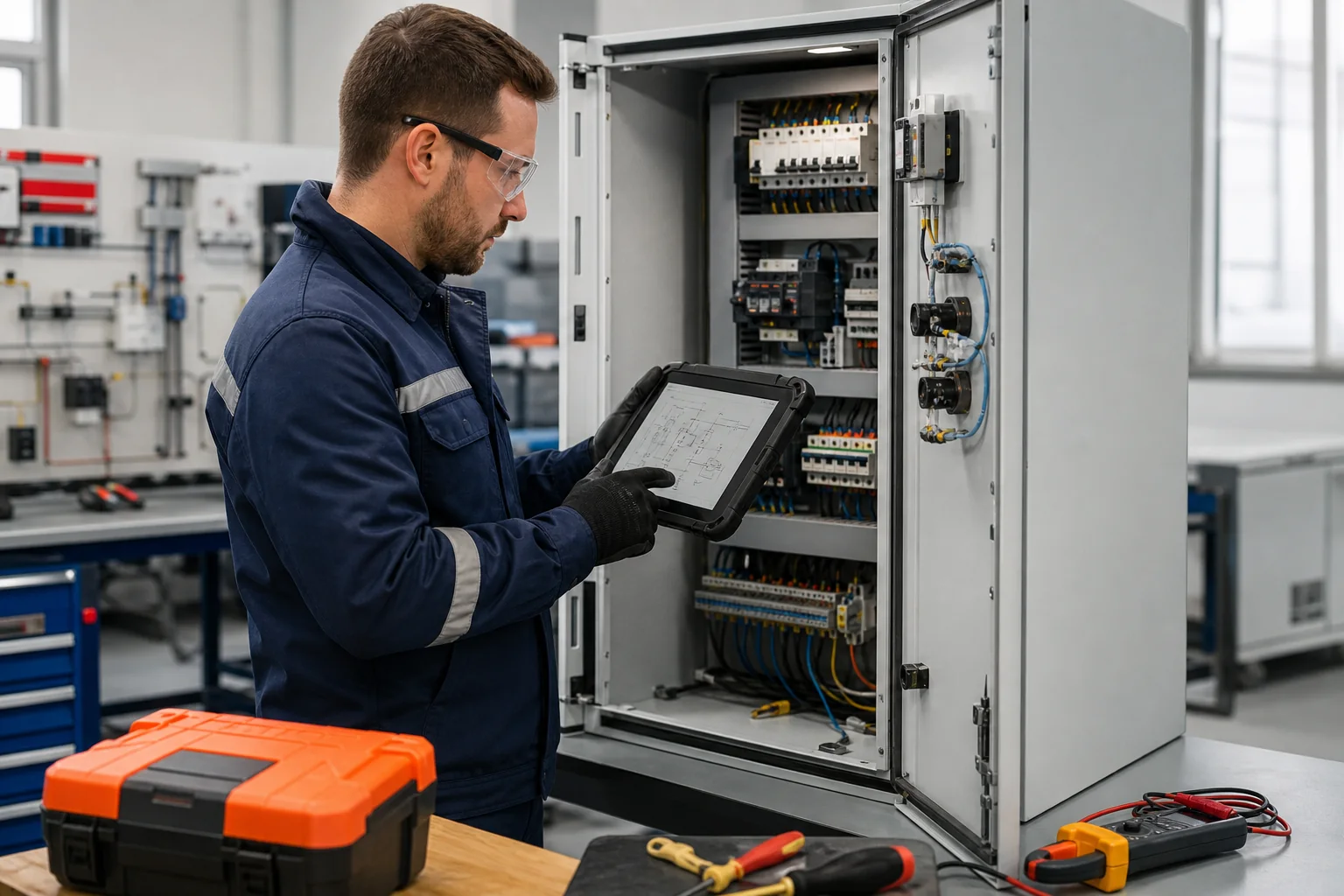 Técnico electricista consultando un esquema digital frente a un cuadro eléctrico