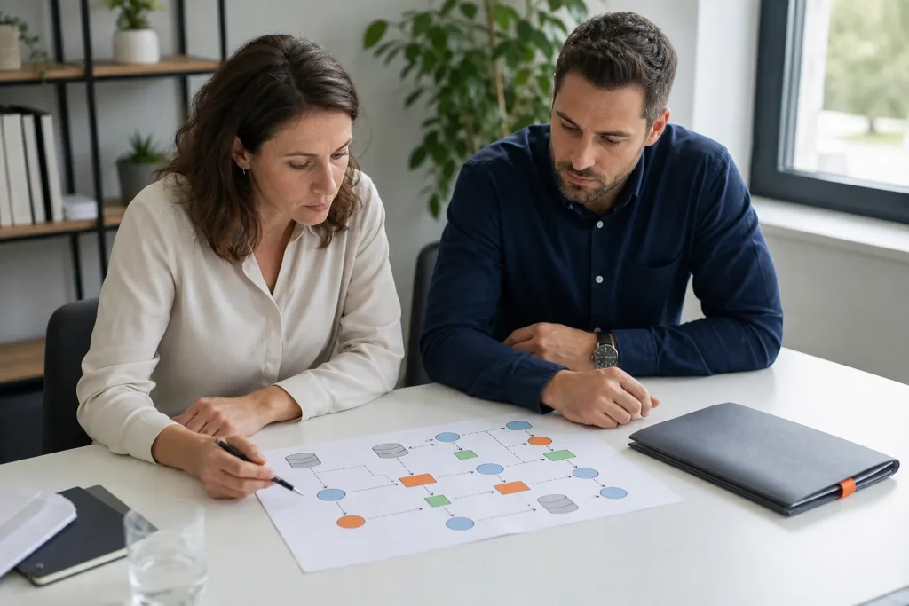 Profesionales revisando un diagrama de flujo de datos en una reunión