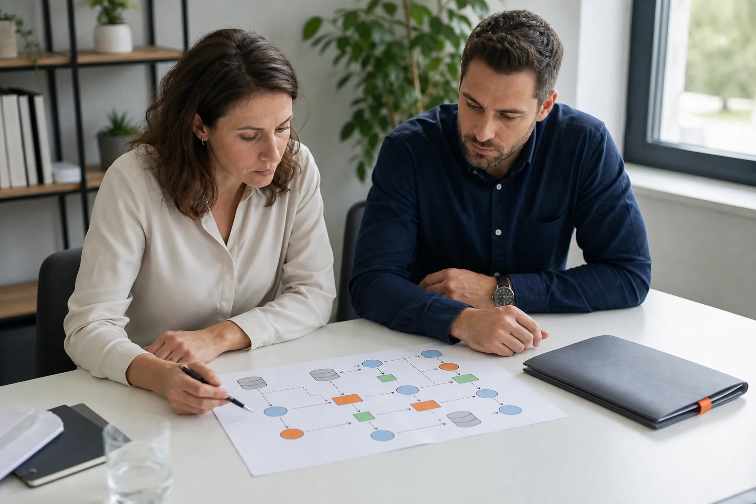 Profesionales revisando un diagrama de flujo de datos en una reunión
