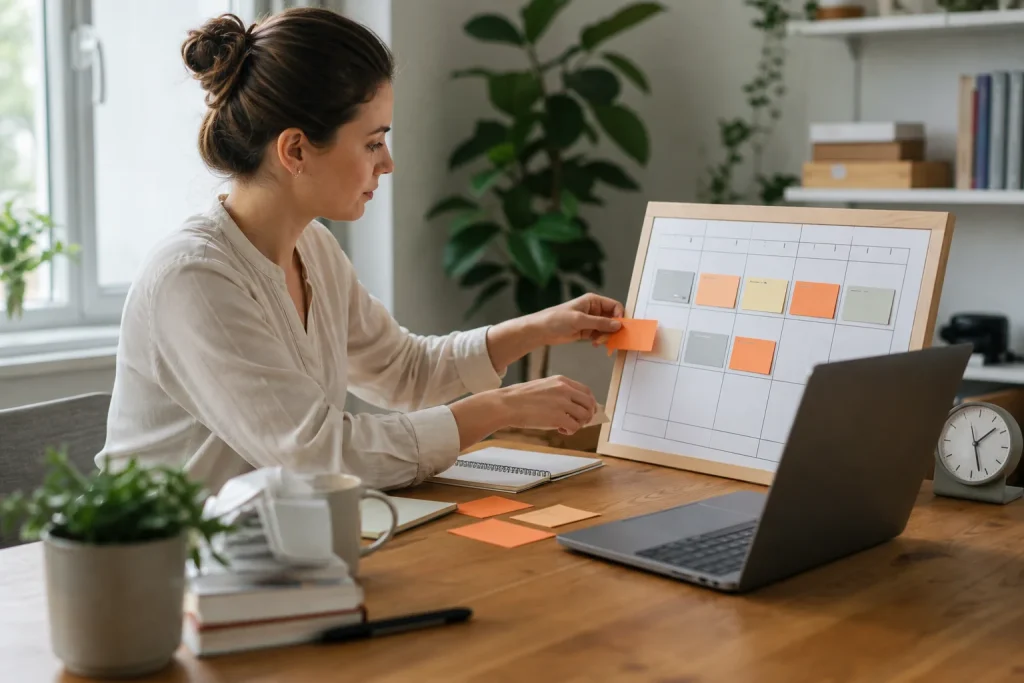 Profesional organizando bloques de tiempo en un planificador semanal