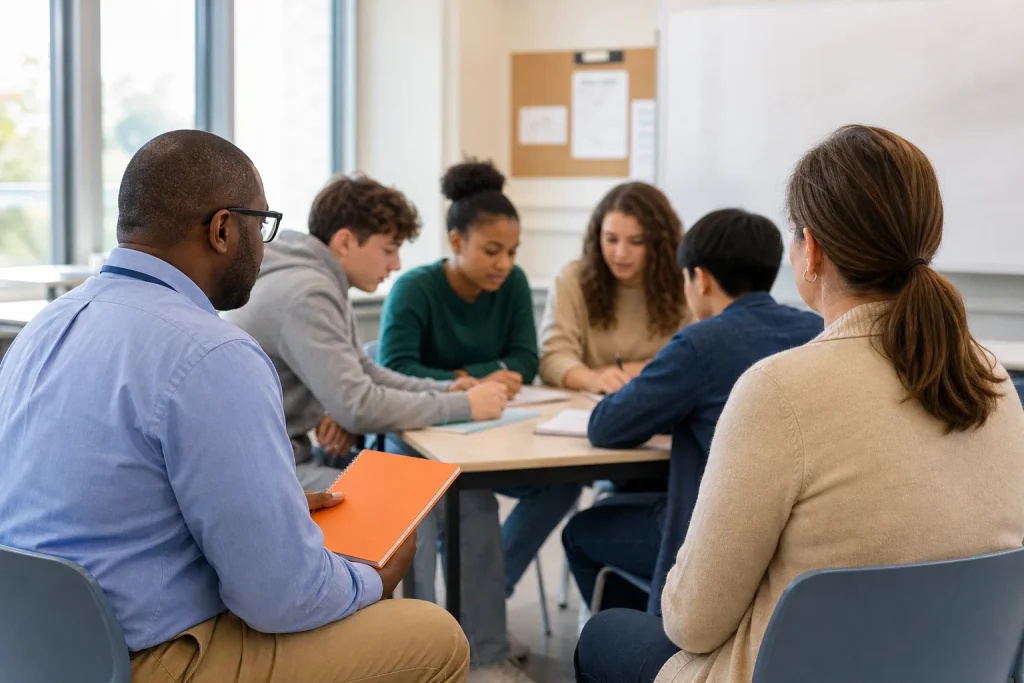 Orientadores observando una actividad colaborativa entre estudiantes