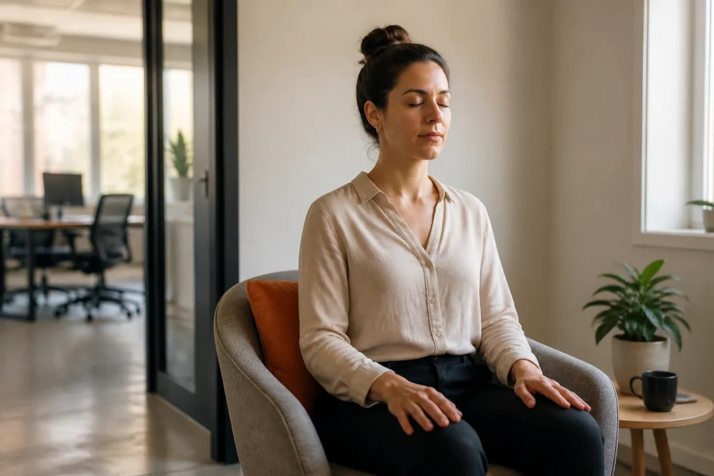 Profesional practicando una pausa de respiración consciente en una sala de oficina