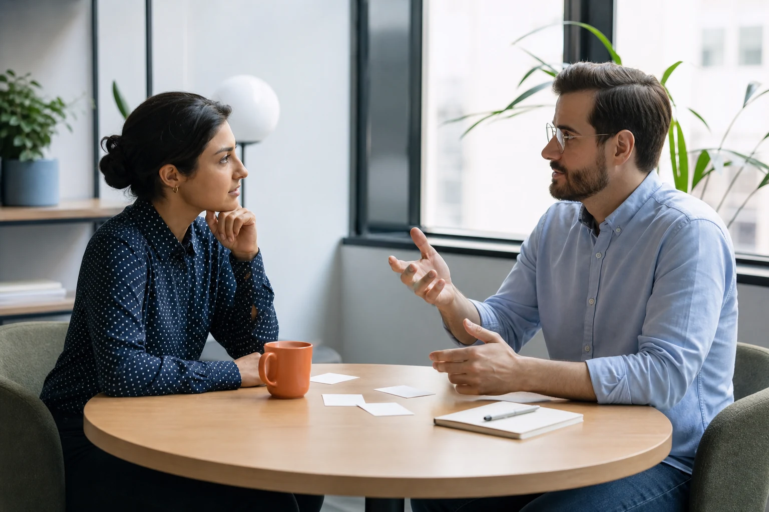 Dos profesionales conversando con escucha activa en una mesa de trabajo