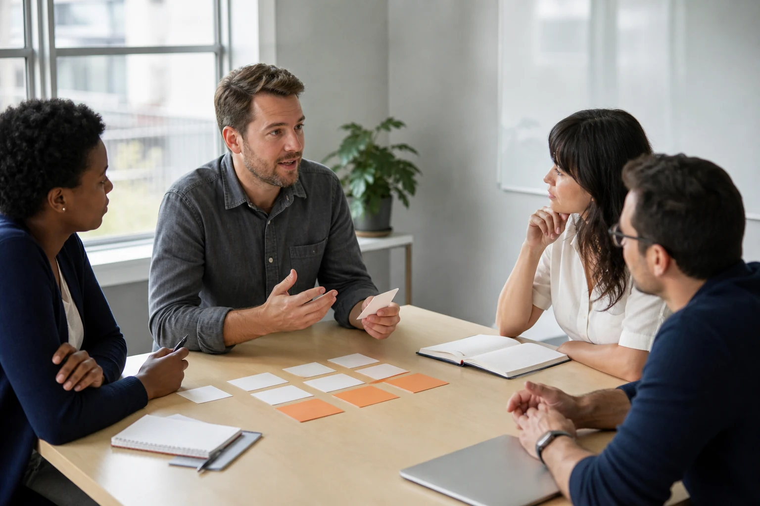Equipo profesional practicando comunicación efectiva con tarjetas de trabajo