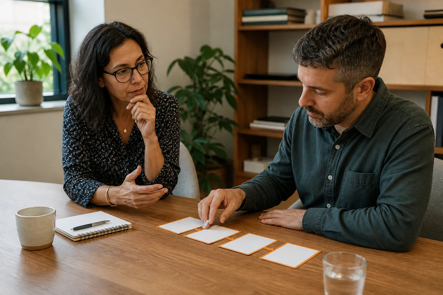 Coach acompañando a un profesional en un ejercicio con tarjetas de objetivos