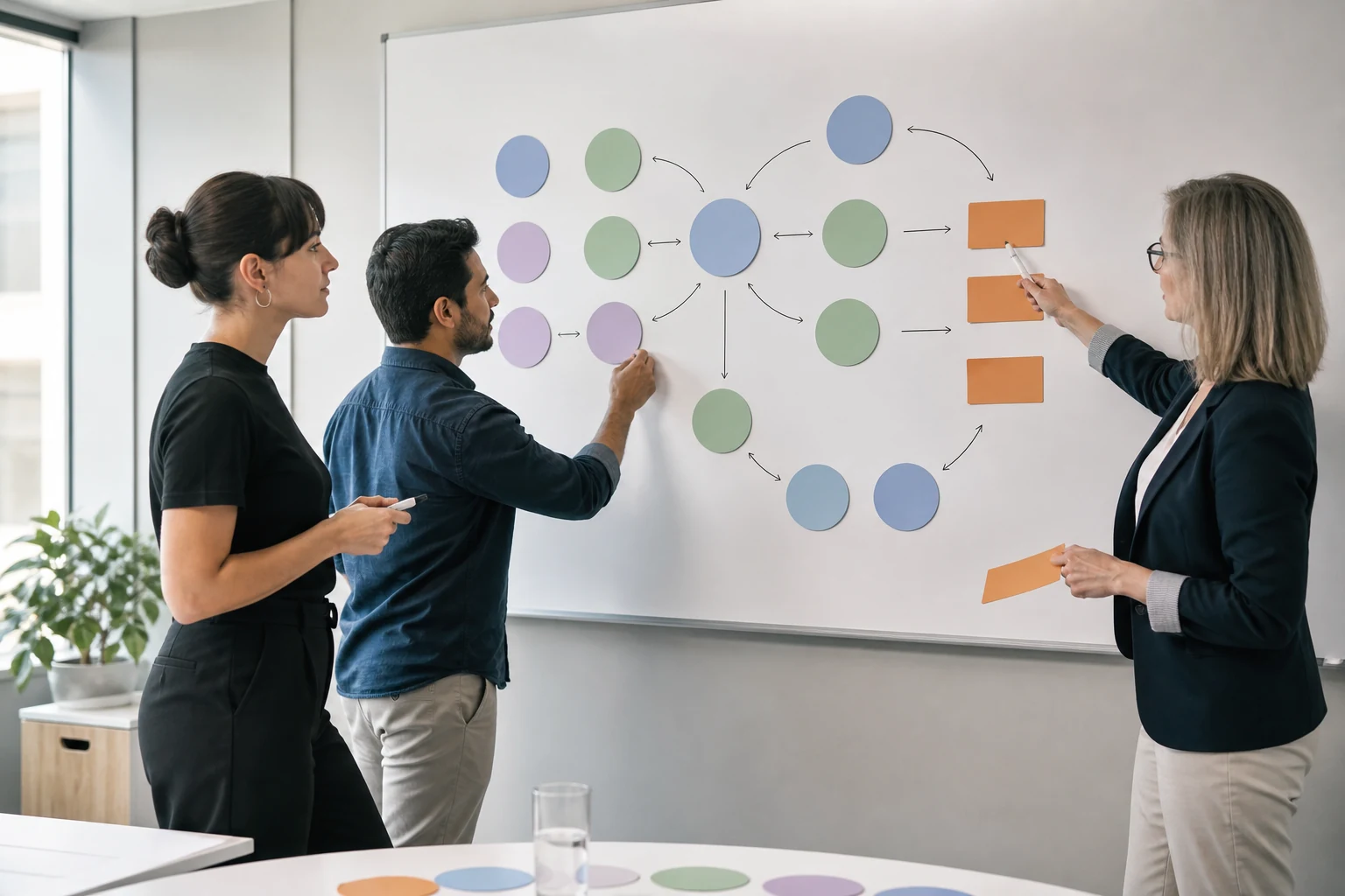 Equipo analizando un conflicto con un mapa visual de soluciones