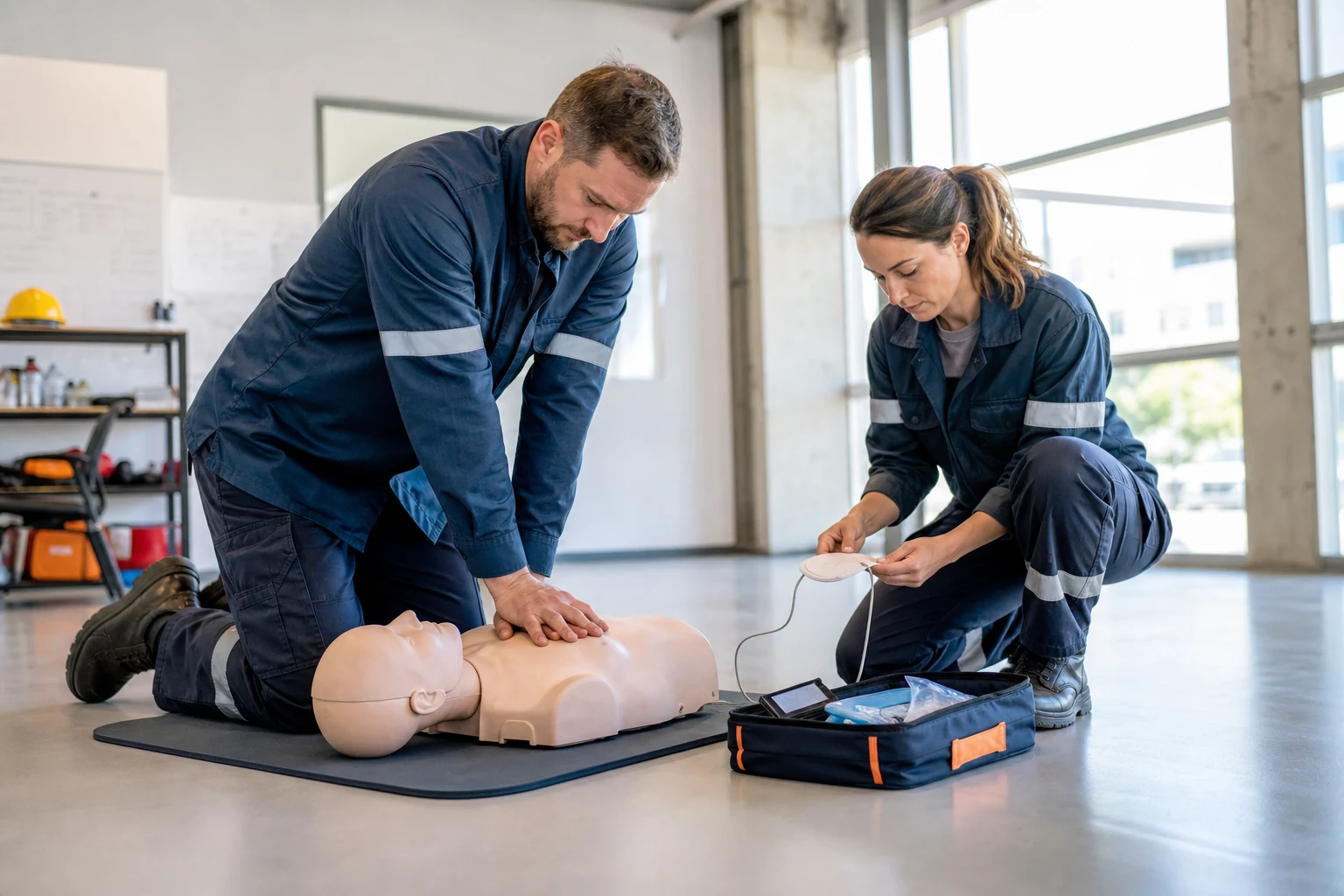 Equipo de intervención practicando RCP y uso de desfibrilador en un maniquí