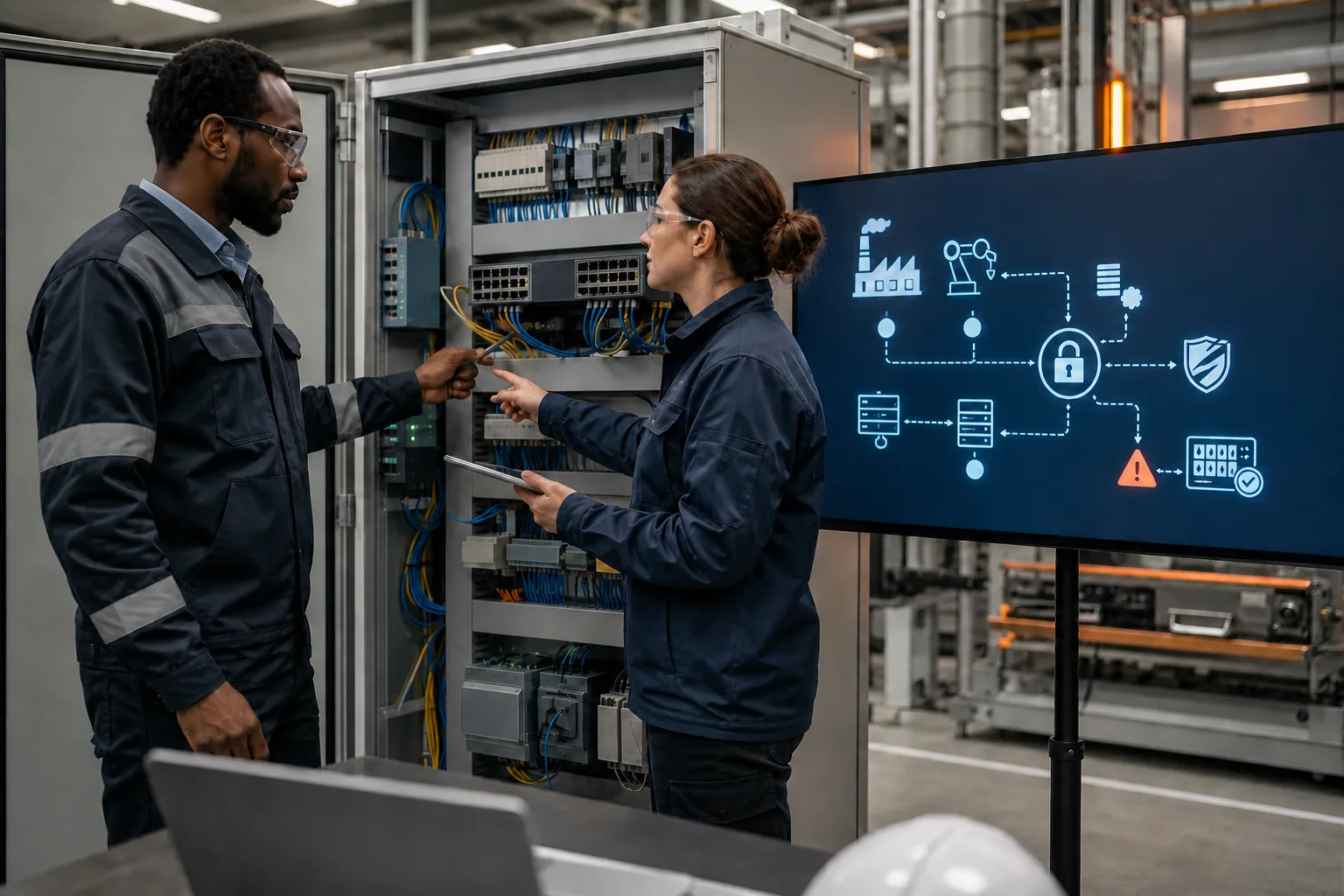 Especialistas revisan la ciberseguridad de un armario de control industrial.