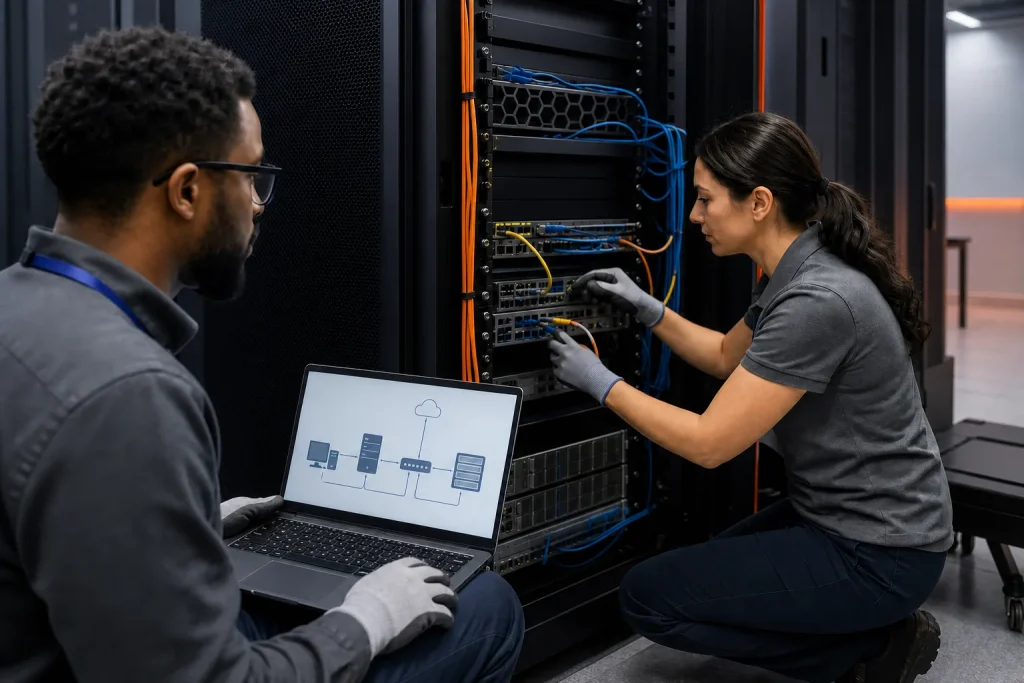 Técnicos instalan y configuran sistemas conectados en un centro de datos.