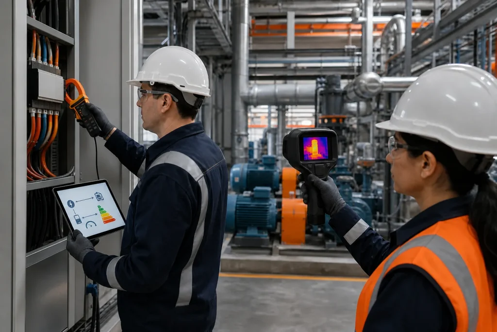 Auditores miden el consumo y el rendimiento energético de una instalación industrial.