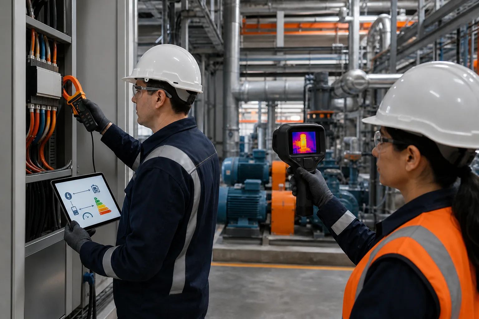 Auditores miden el consumo y el rendimiento energético de una instalación industrial.