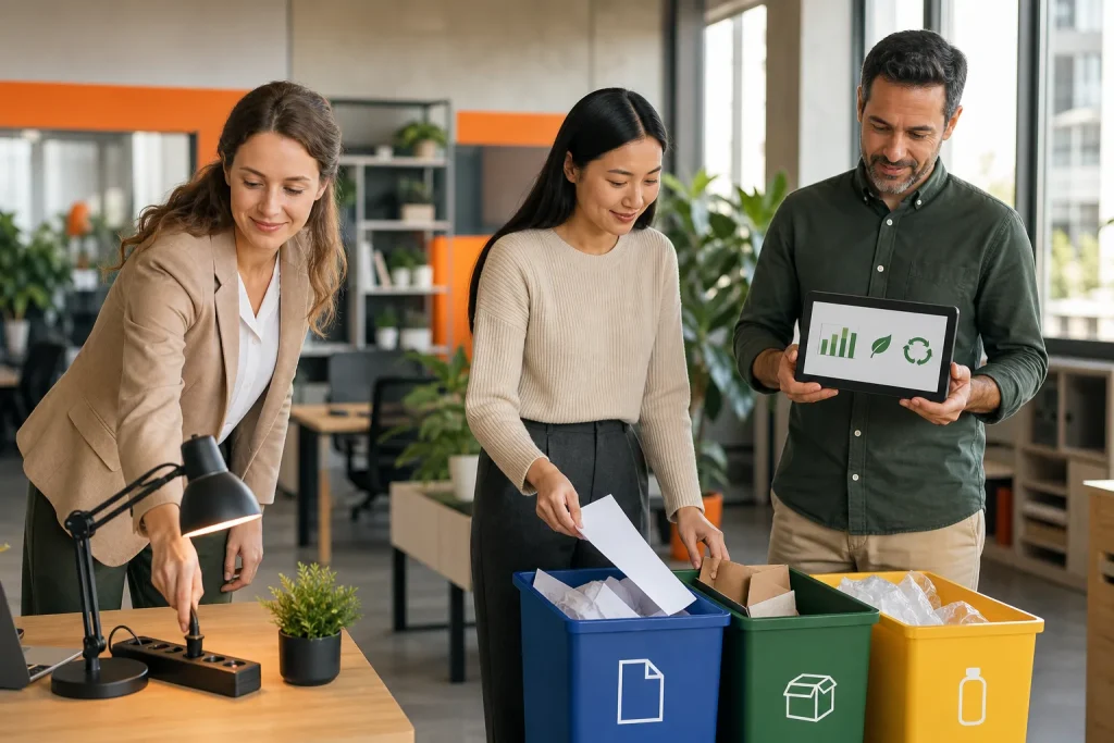 Equipo de oficina aplica medidas de ahorro energético y separación de residuos.