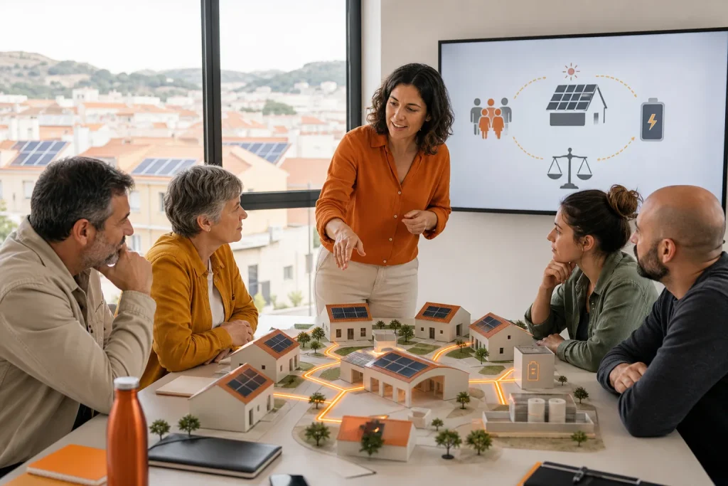 Vecinos coordinan una comunidad energética local con generación y almacenamiento compartidos.