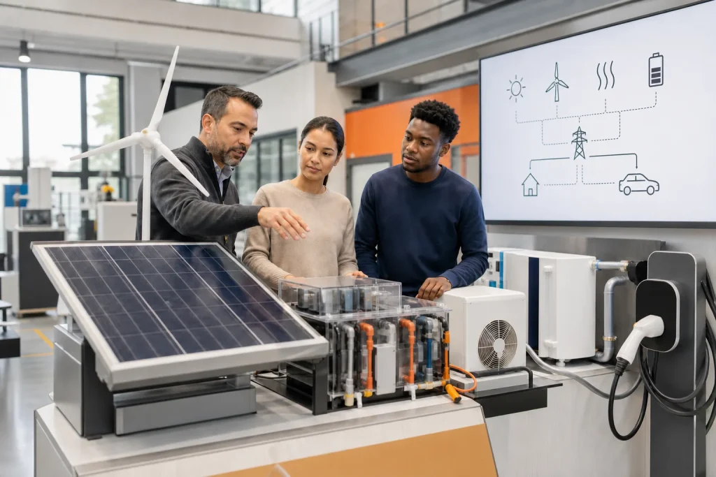 Instructor y alumnado estudian tecnologías solares, eólicas, térmicas y de almacenamiento.