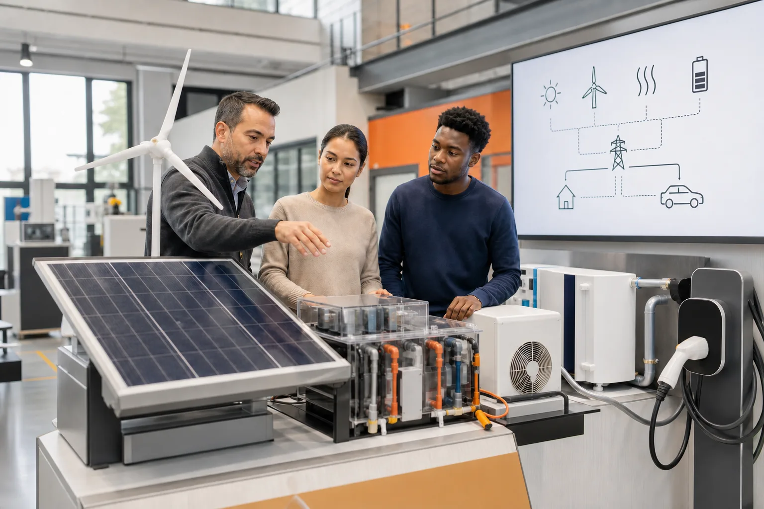 Instructor y alumnado estudian tecnologías solares, eólicas, térmicas y de almacenamiento.