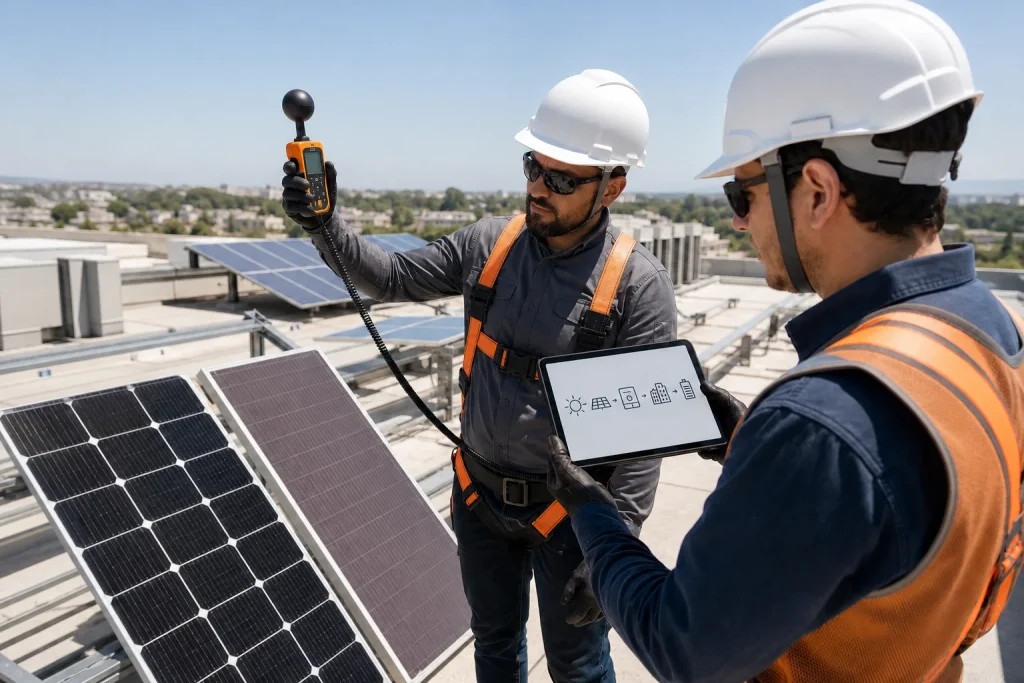 Técnicos comparan módulos y miden el rendimiento de una instalación fotovoltaica.