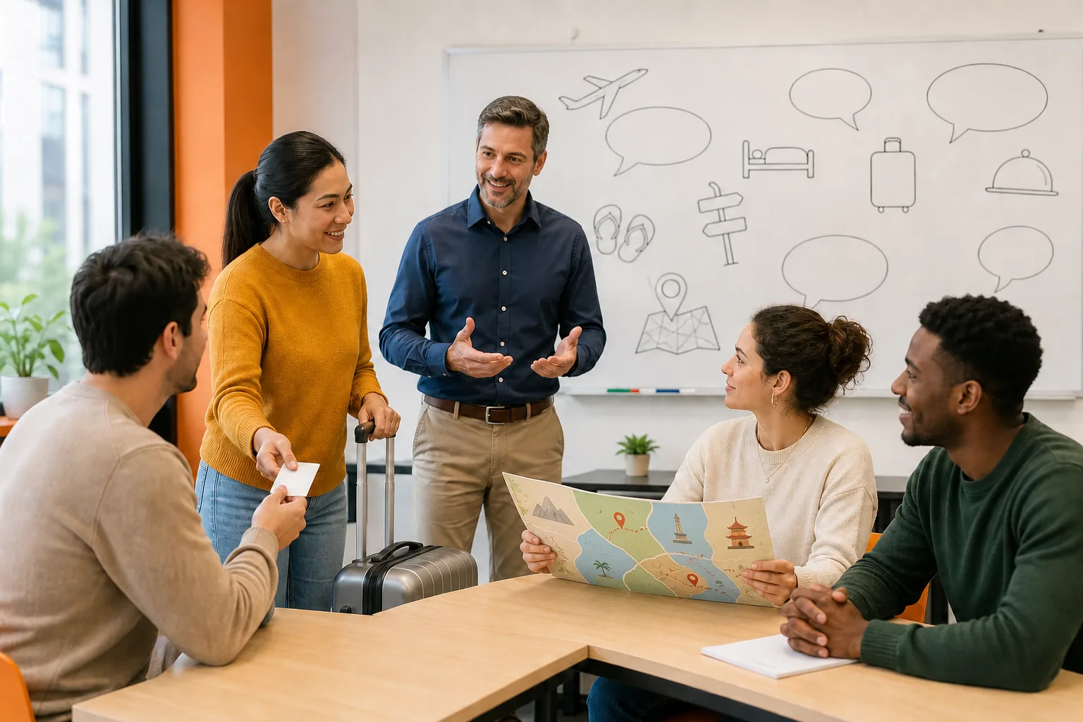 Alumnado adulto practica una conversación de viaje en una clase de inglés intermedio.