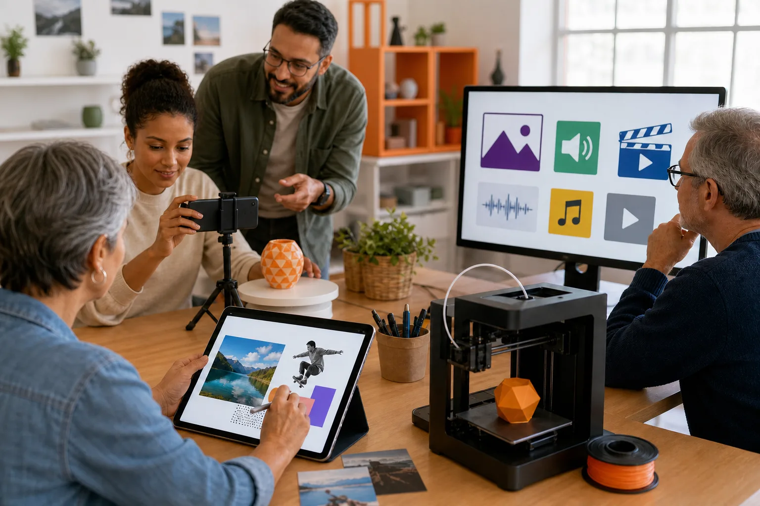 Alumnado crea fotografías, vídeo, audio y objetos digitales en un aula práctica.
