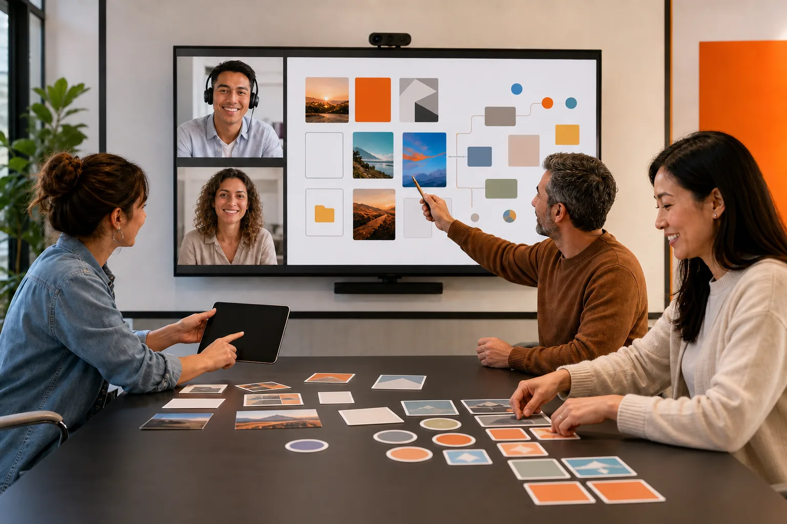 Equipo híbrido comparte recursos visuales y coordina tareas con herramientas digitales.