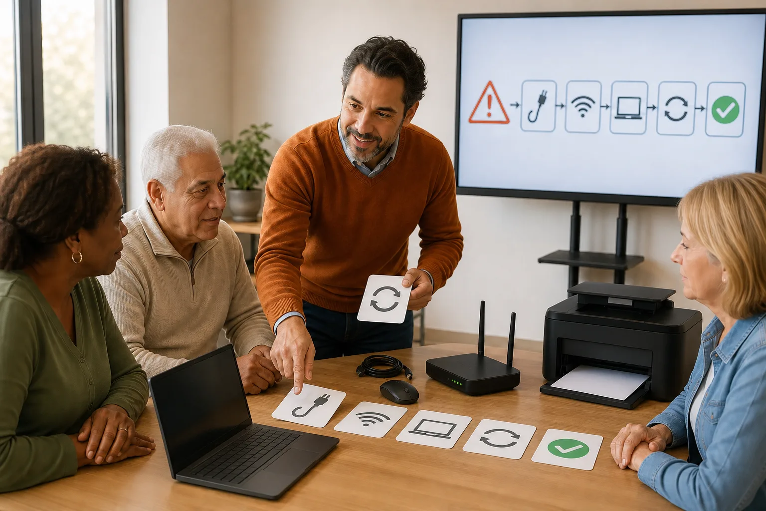 Instructor guía a alumnado adulto en la resolución de una incidencia digital sencilla.