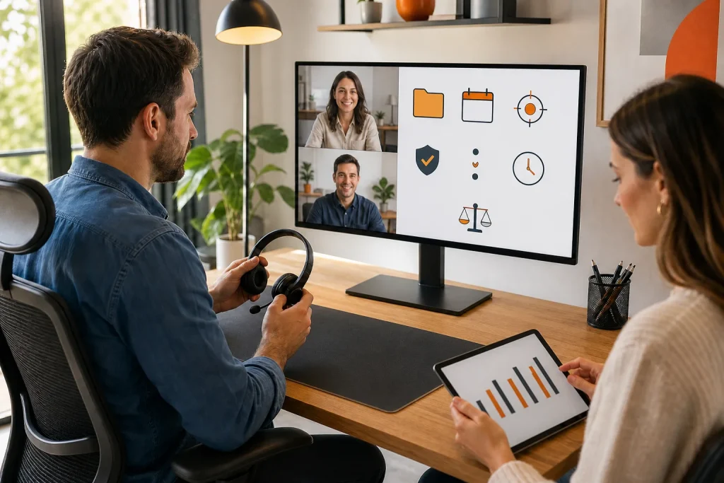 Profesionales coordinan un equipo en remoto y analizan la productividad del teletrabajo.