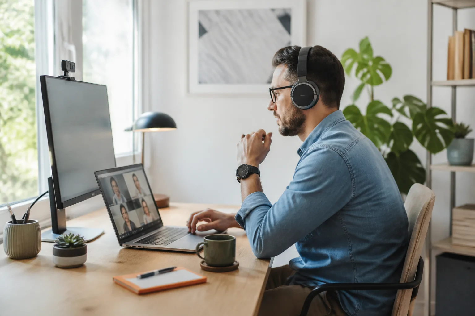 Profesional trabajando desde casa con portátil, monitor y auriculares