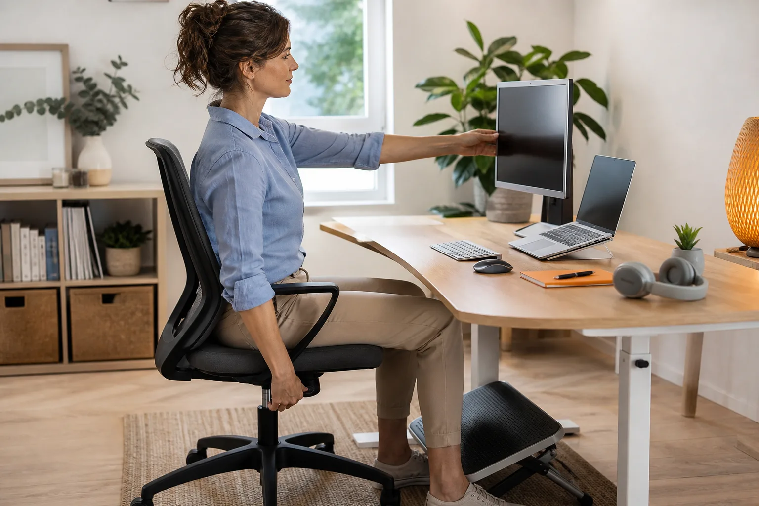 Profesional ajustando un puesto de teletrabajo ergonómico